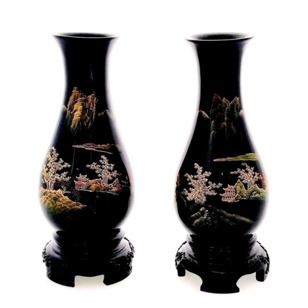 Flying Horse Antique Fuzhou Lacquered Wood Vases Pair Hand Painted 8”